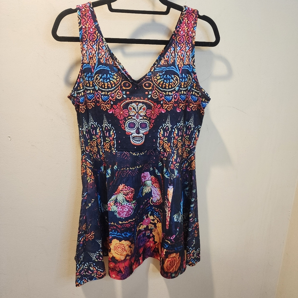 Colorful Sugar Skull Catrina V-Neck Tank Dress Sz M